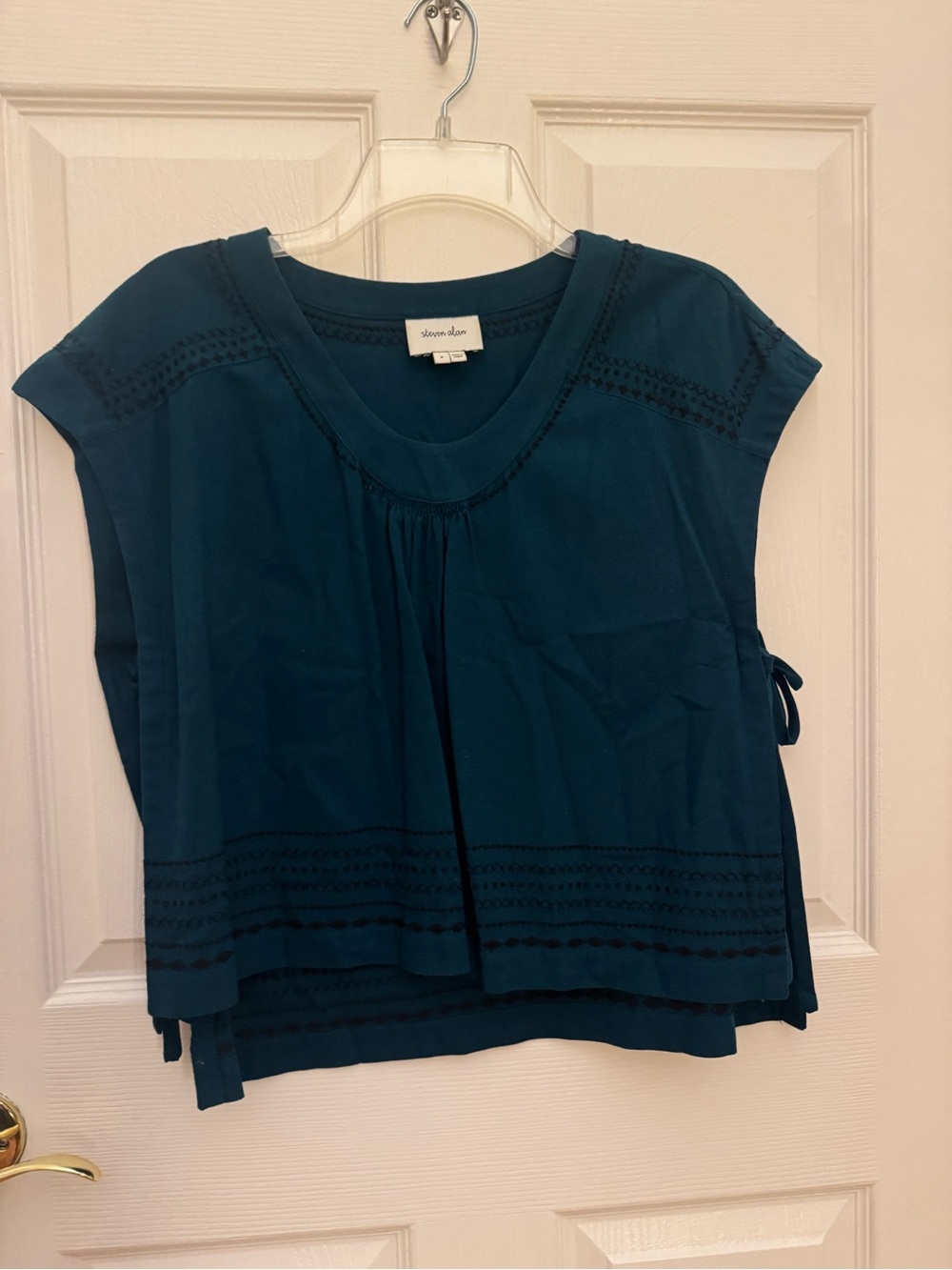 Steven Alan Teal 100% Silk Scoop Neck Short Sleeve Top